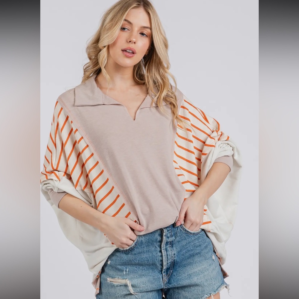 Color block Stripe Collared Pullover Soft Terry Top